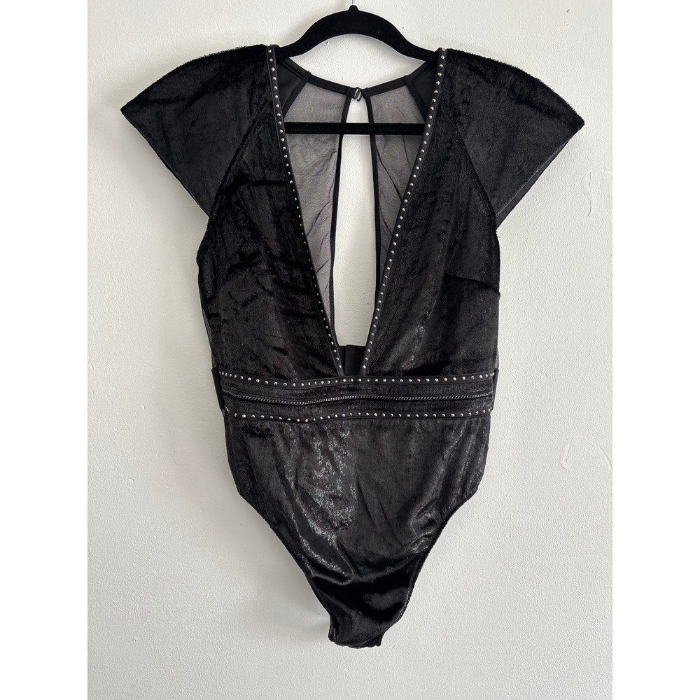 NWT Victorias Secret Black Crushed Velvet Mesh Studded Bodysuit Large Gothic